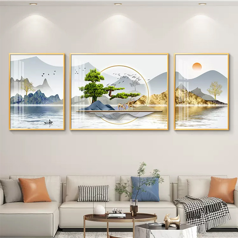 迎客松新中式客厅装饰画沙发背景墙挂画简约现代山水画大气壁画