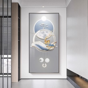 轻奢入户玄关装饰画大气麋鹿走廊过道挂画现代简约竖版高档玄关画