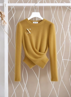 2024年冬季穿搭高级感气质名媛设计感收腰黄色针织毛衣秋冬小个子