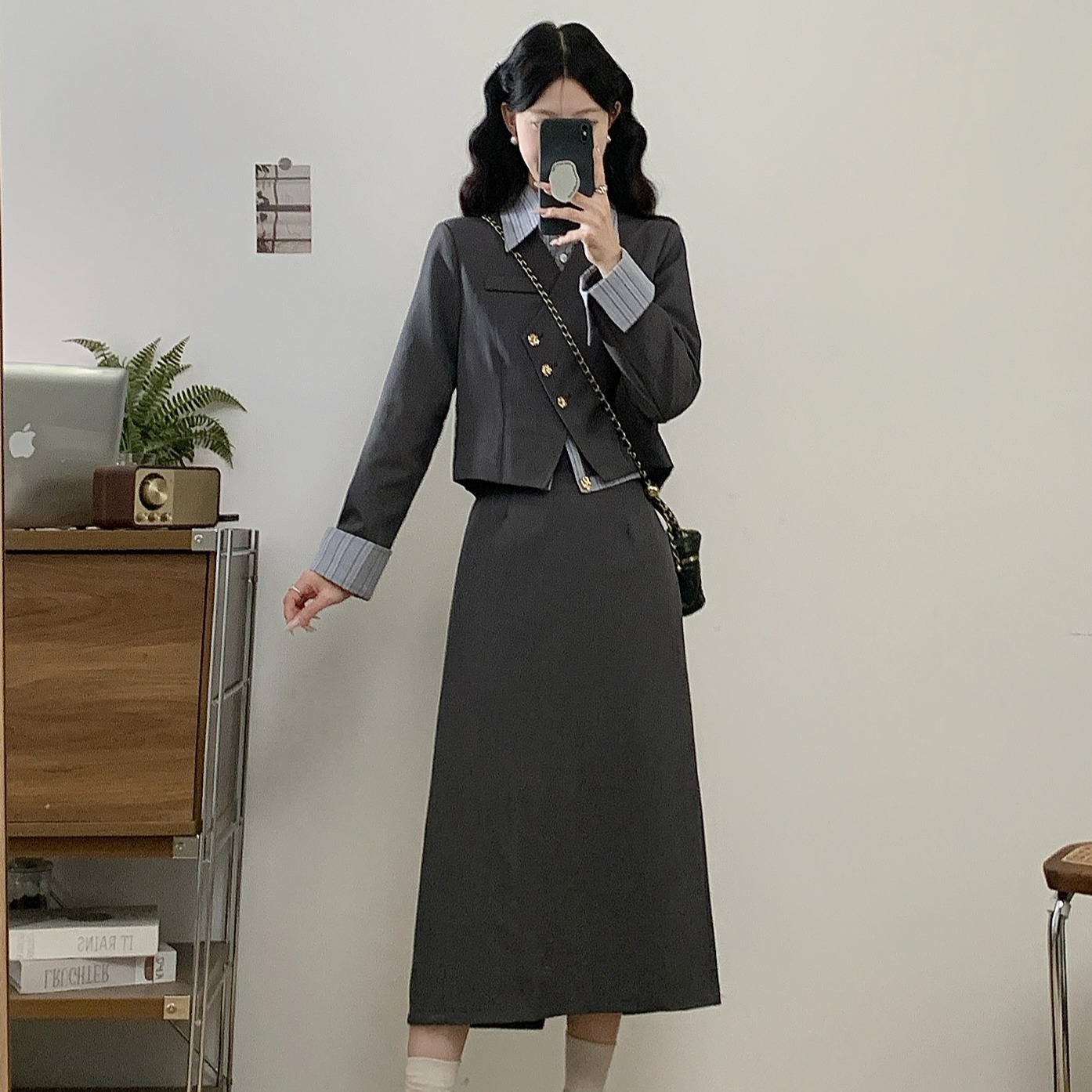 学院风小香风两件套灰色套装