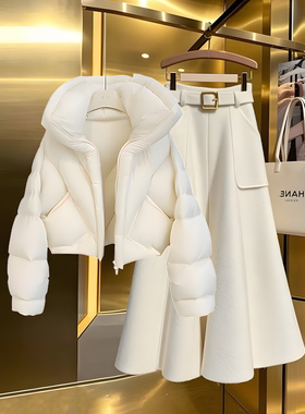 秋冬季白色保暖棉服外套女2024新款高级感减龄高腰半身裙两件套装