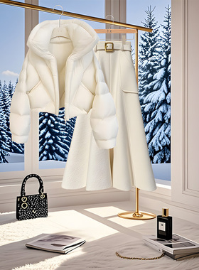 秋冬时尚套装高级感紫色斗篷假两件毛衣小个子白色半身裙两件套女