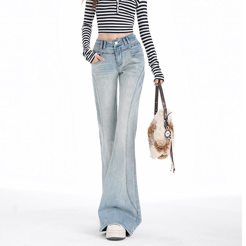 韩系复古高腰微喇牛仔裤女