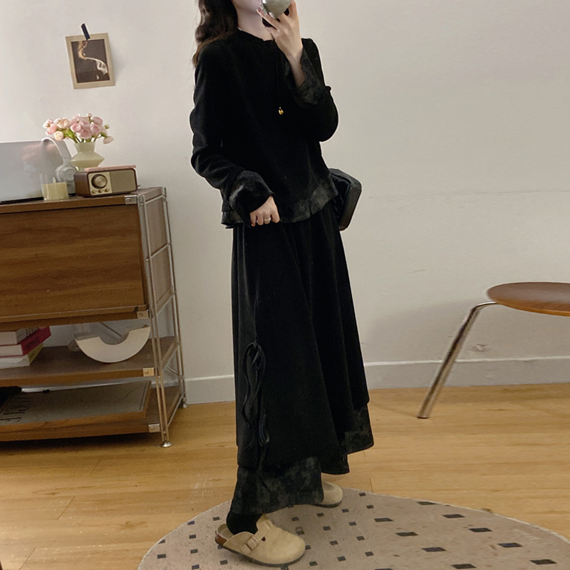 轻熟风丝绒套装女秋季黑色赫本风