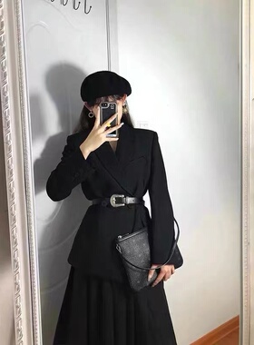 秋冬新款高级感潮流女装冷淡风黑色西装外套半身裙两件套装