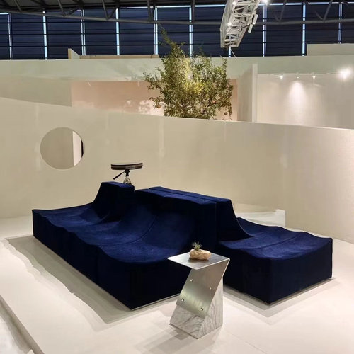 原创设计单人模块化设计自由组合曲线弧形海浪蓝色布艺沙发定制