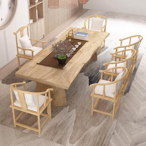 实木板泡茶桌自边然大原木板式茶桌椅组休合创意闲茶几办公gg12室