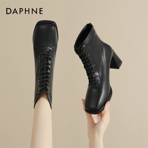 达芙妮Daphne ~高跟短靴女2023新款秋冬季方头单靴粗跟真皮马丁靴