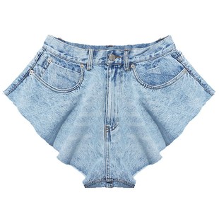 Summer Women Ruffle Hem Wide Leg Denim Shorts荷叶边牛仔短裤