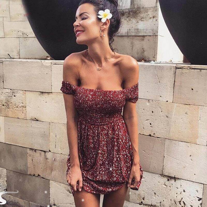 Summer Off Shoulder Mini Beach Dress women连衣裙碎花裹胸裙短