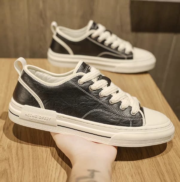 男鞋冬季款潮流百搭休闲平底板鞋男士低帮软底黑色真皮潮鞋