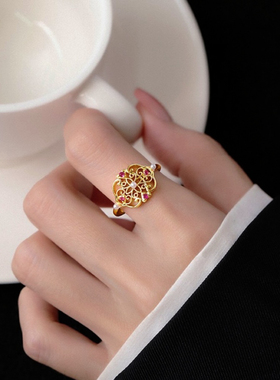 奶泥MILKMUD/繁花似锦宫廷风宝石戒指金色镂空开口食指环可调节女