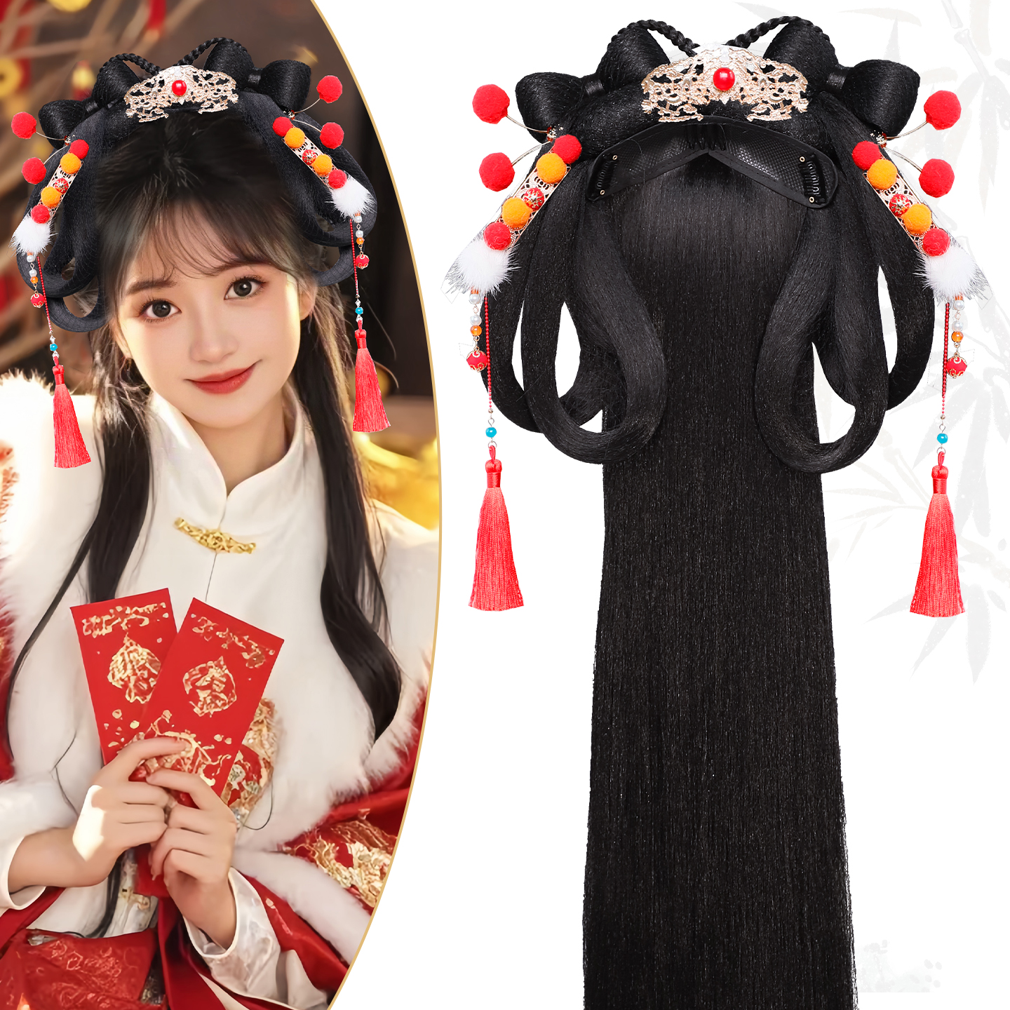 古风少女后披发假发头饰组合套装