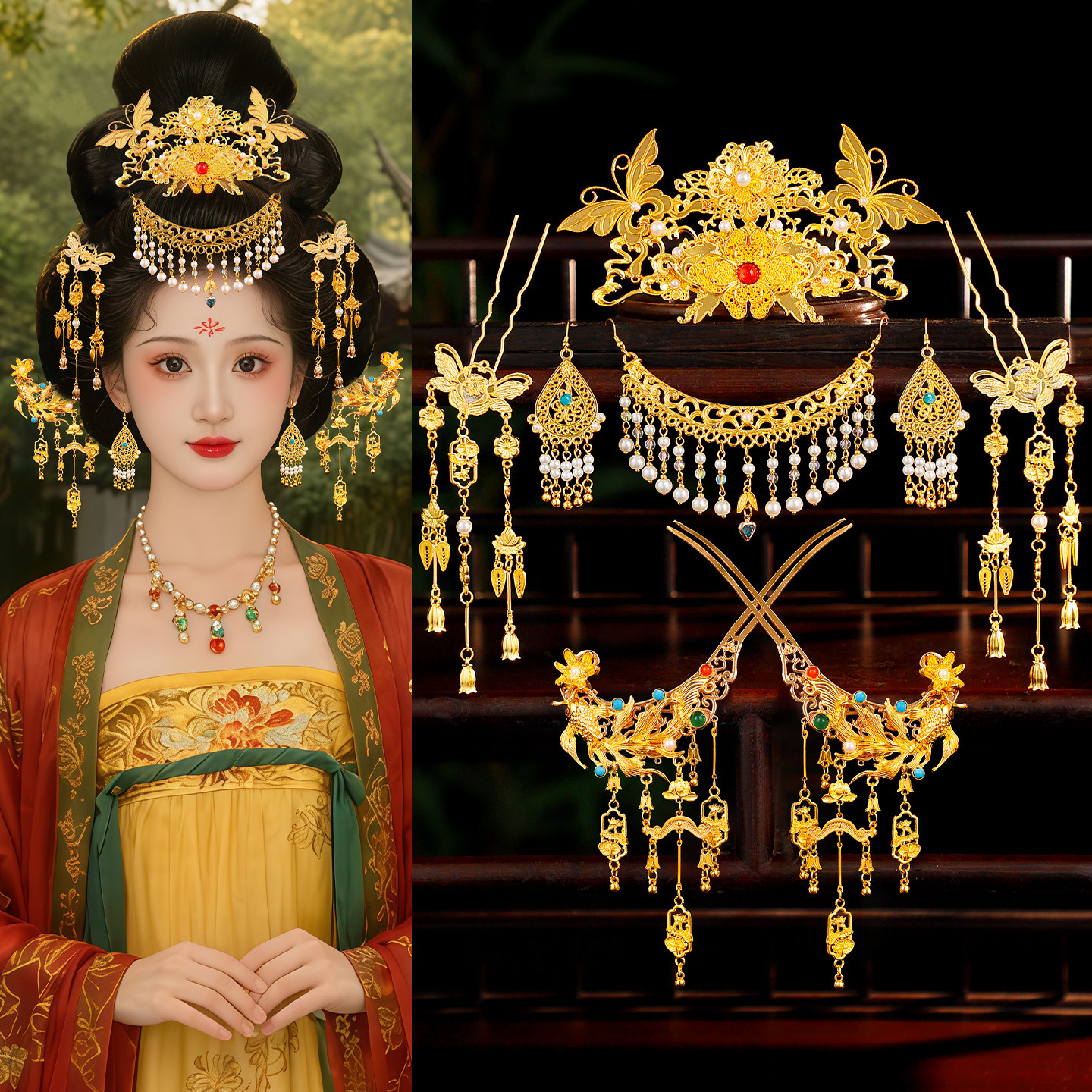 唐制复原发冠套装金色大花蝶纹流苏步摇发簪古风汉服头饰婚嫁发饰