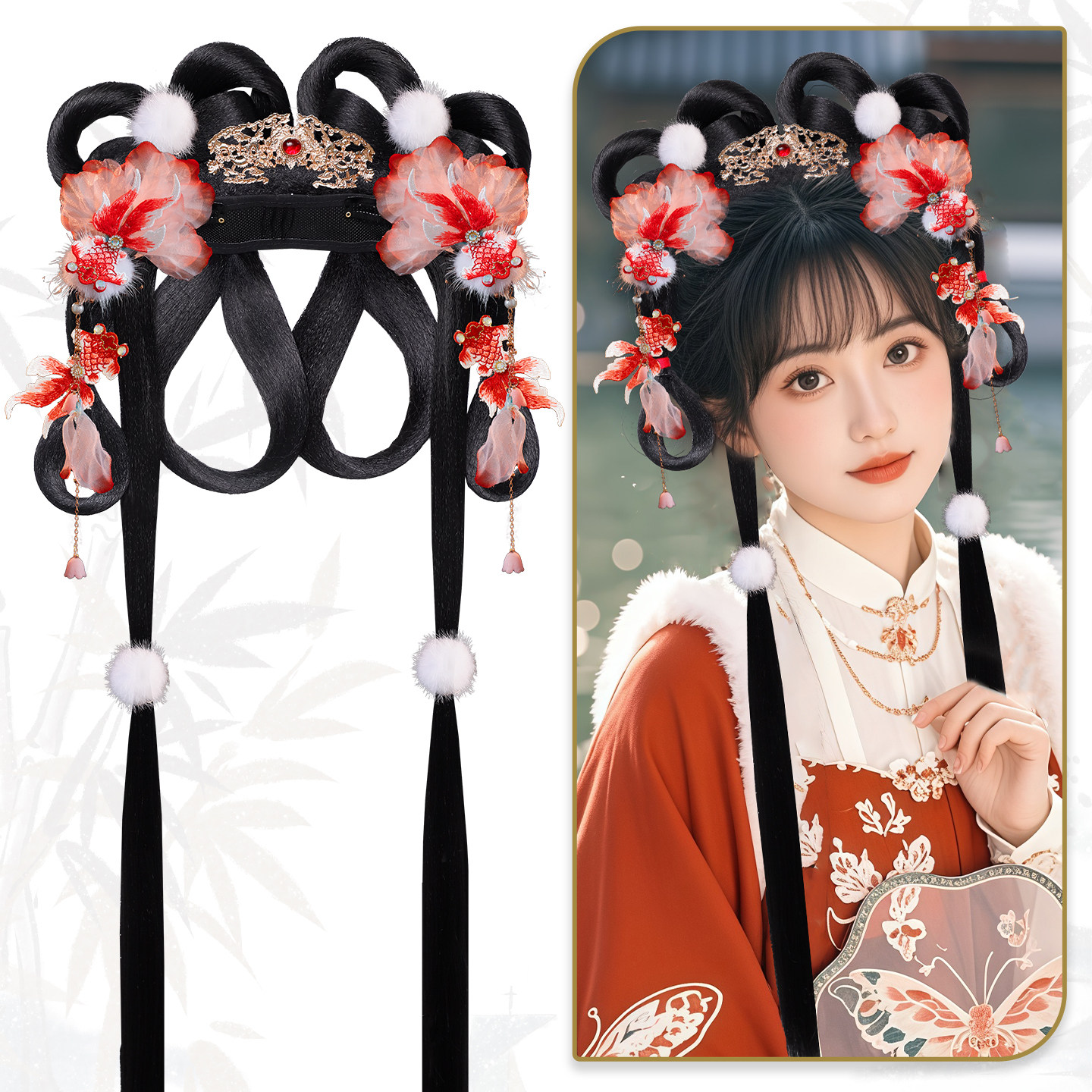 古风汉服兔耳花朵发髻假发包套装