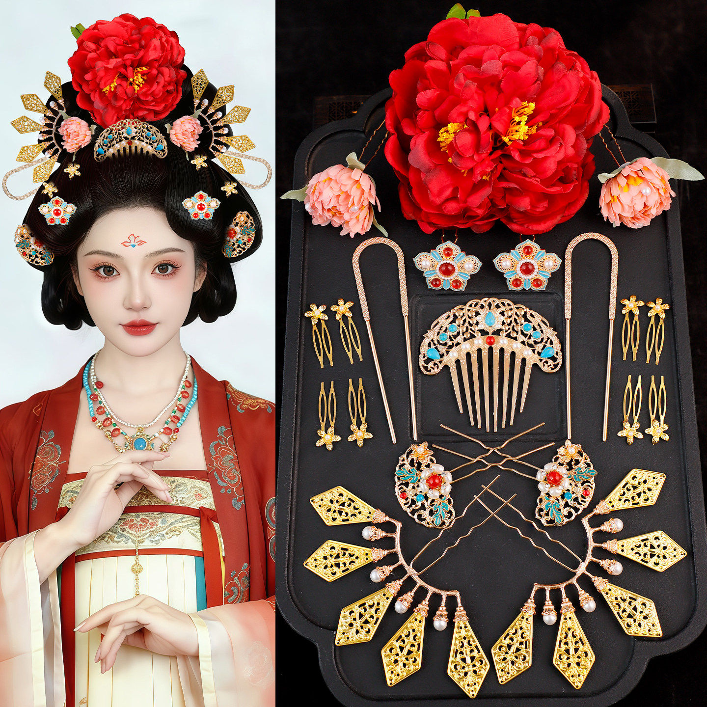 古风汉服宫廷牡丹绢花发簪套装图片