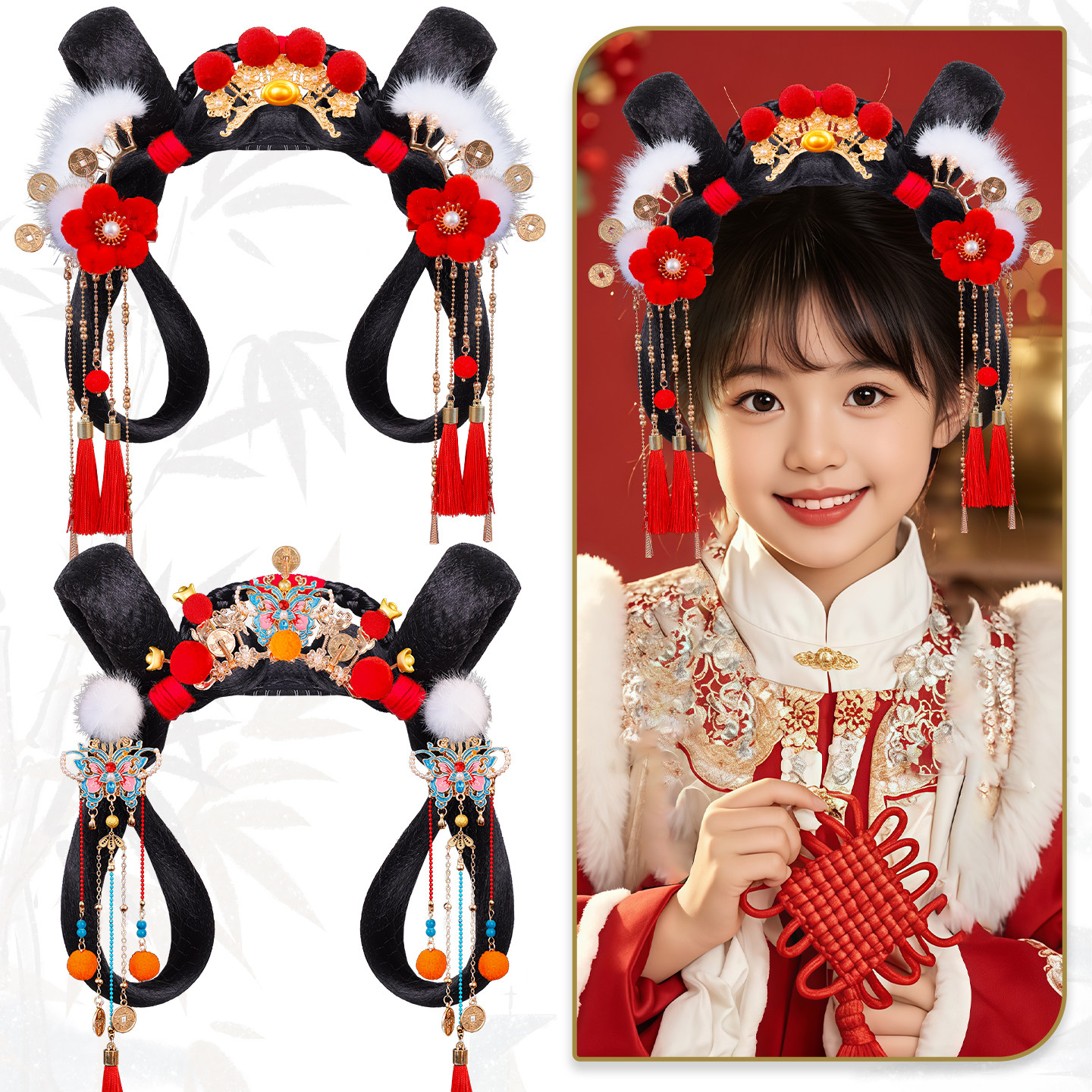 新年女童汉服一体假发发箍套装