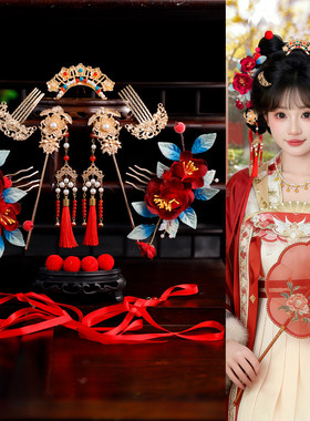 古风中式汉服发饰套装红色花朵长流苏发钗发冠百搭新年婚服头饰女