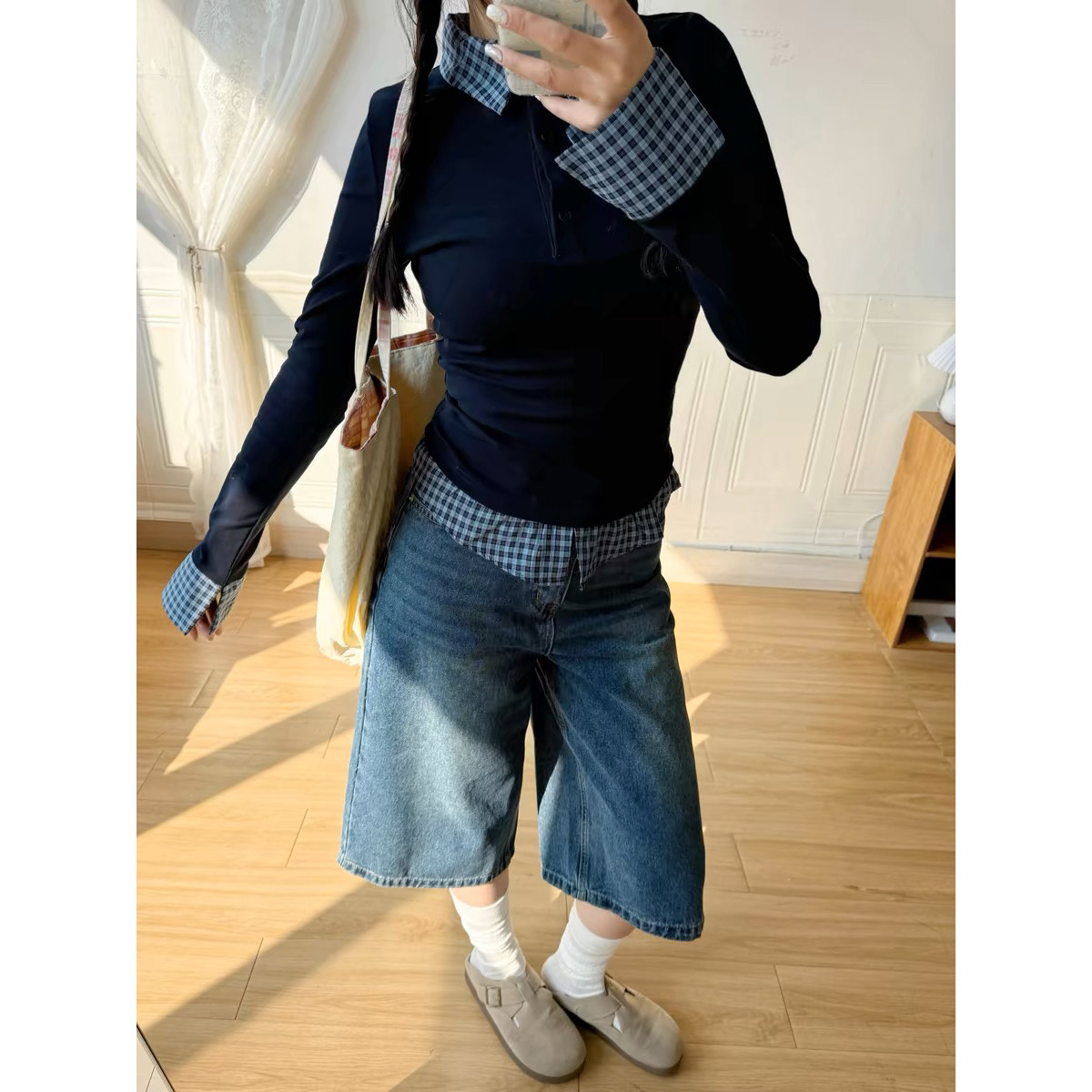 衣七家 复古蓝牛仔裤女七分裤夏季美式阔腿八分裤直筒7分中裤裤子