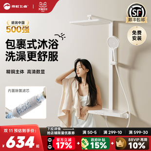 雨虹飞鱼奶油风恒温淋浴花洒套装 全铜卫生间家用数显增压沐浴器