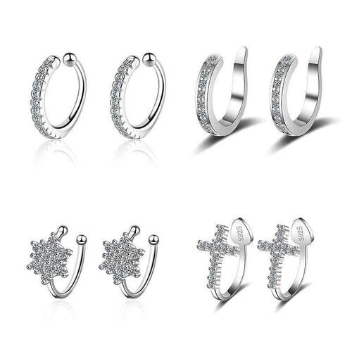 925 Silver Simple Zircon Crystal Clip on Ear Cuff Earring Wo