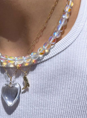 韩国新款彩色串珠爱心项链女夏日度假风多巴胺choker叠戴锁骨链饰
