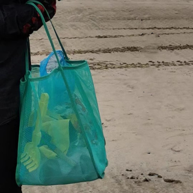 现货速发儿童沙滩玩具收纳袋透明网纱单肩包游泳大容量购物户外沙