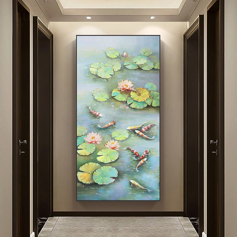 速发荷花九鱼手绘油画新中式玄关装饰画简约美式走廊过道挂画竖版图片