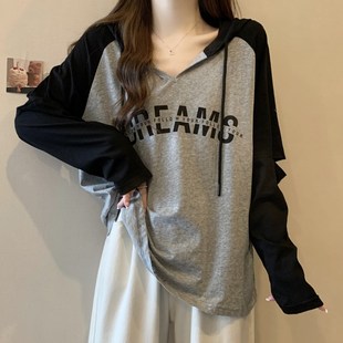 速发松码连帽抽绳正肩长衫T恤秋冬新款宽大内搭打底袖上衣