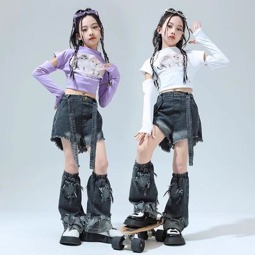 速发孩两节牛仔裤套装炸azz春流街舞潮秋款酷帅j街舞爵士舞服装