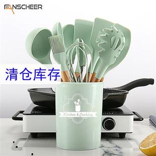 清新绿木柄硅胶锅铲食品级不粘锅耐高温炒菜铲子汤勺硅胶厨具套装