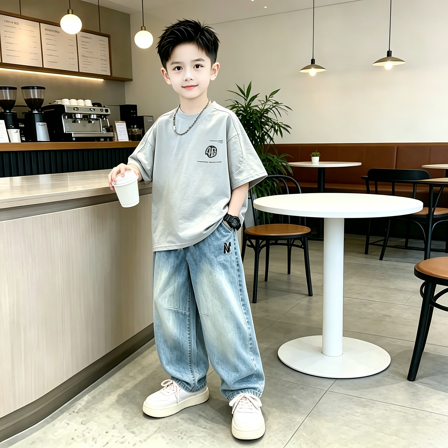 男童夏季薄款套装2026儿童短袖薄款牛仔长裤中大童男孩夏装两件套