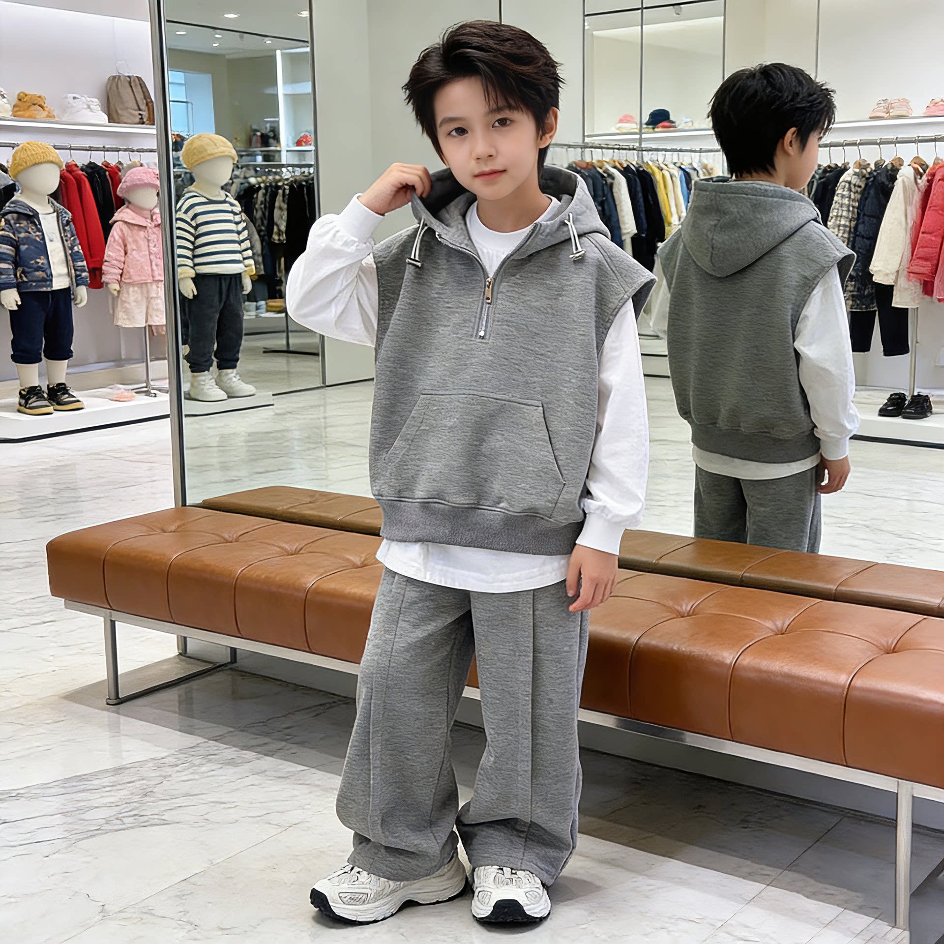 男大童套装2026新款男童春秋马甲运动风卫衣休闲连帽潮酷三件套潮