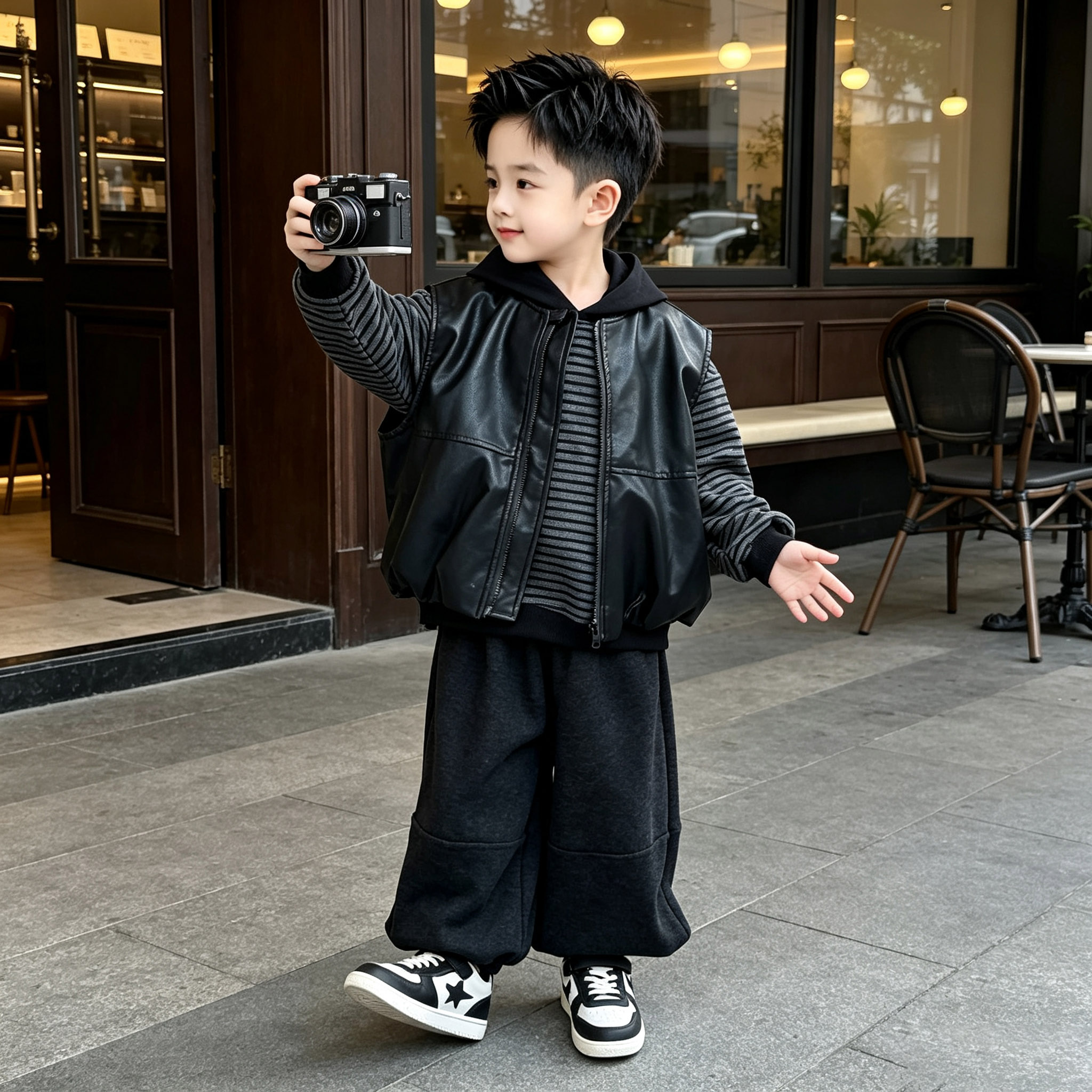 男童春秋三件套皮衣马甲条纹卫衣裤子儿童洋气外套休闲套装秋新款
