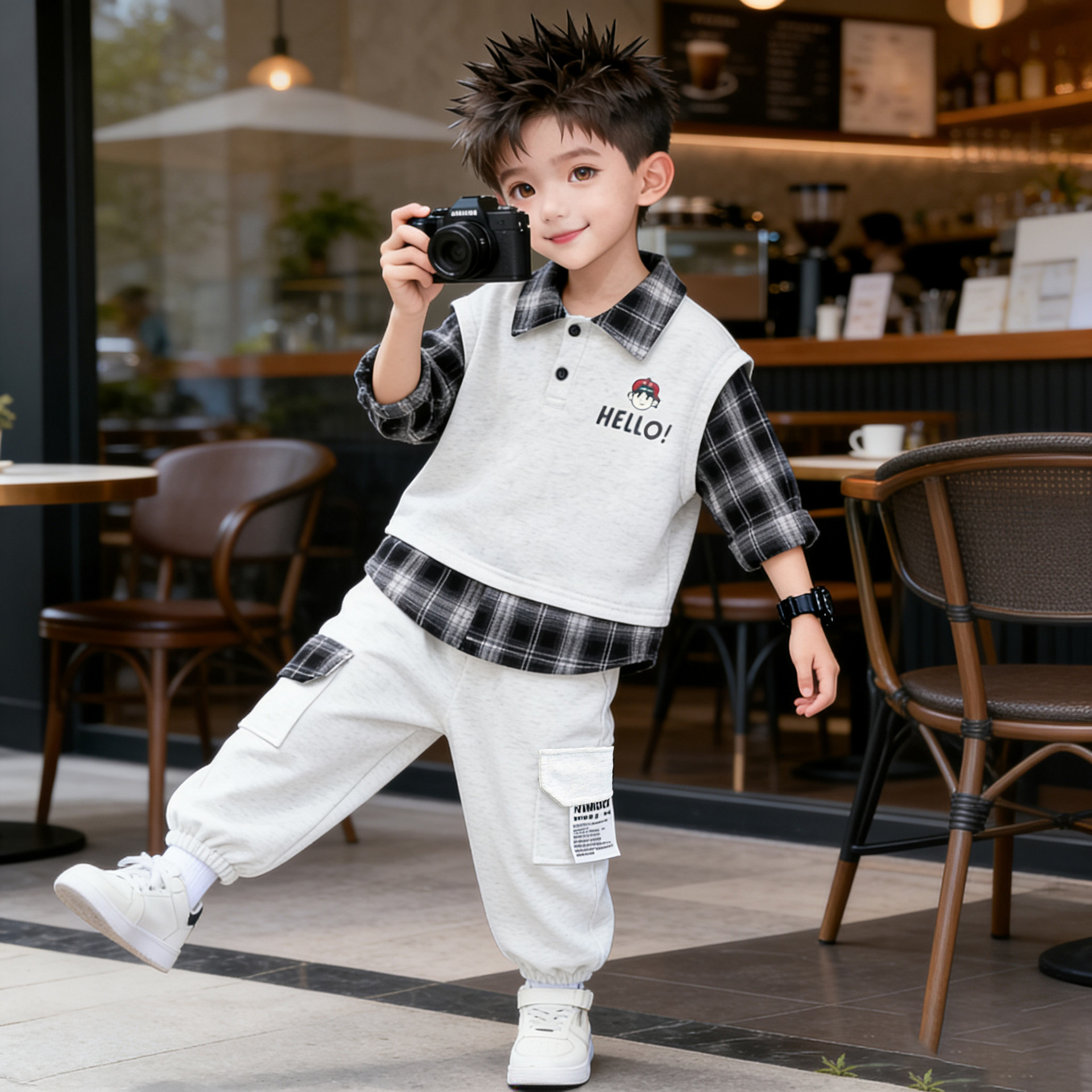 男童春秋套装26新款休闲假两件衬衫卫衣两件套帅气洋气春装2件套