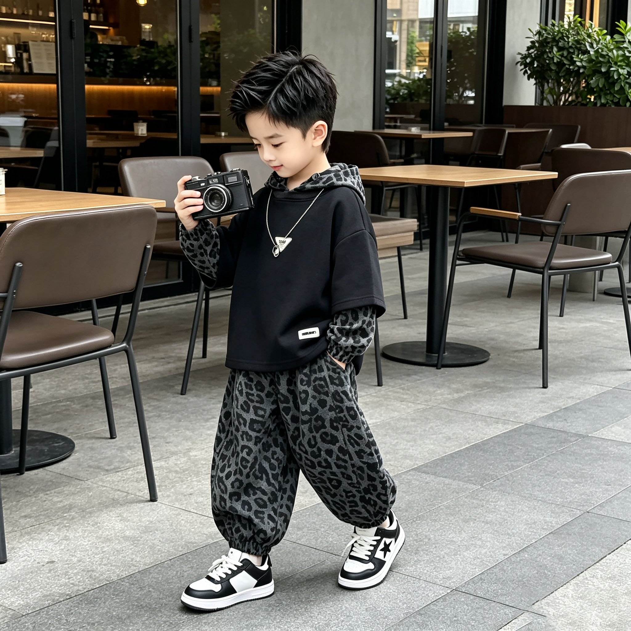 男童春秋套装假两件连帽卫衣豹纹裤两件套帅气韩版运动服潮秋季新