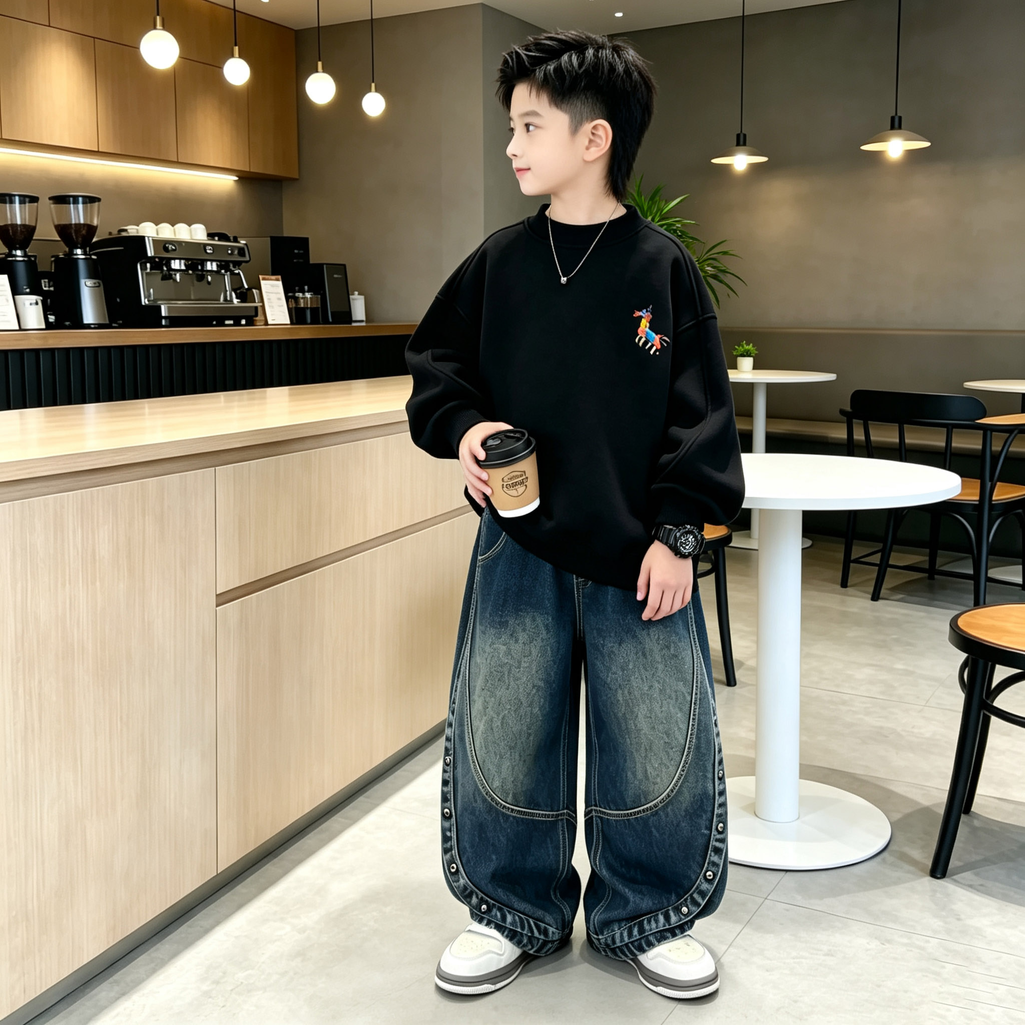 休闲风男童卫衣套装春秋新款圆领印花长袖宽松上衣牛仔裤秋季新款