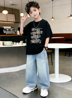 男童夏季休闲短袖T恤裤两件套儿童中大童薄款牛仔长裤套装2件套