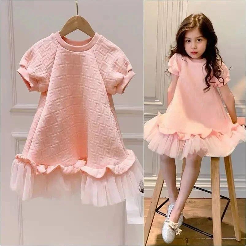 Spring Summer Girls Dress Fashion 2-9Y Children Pink Long Dr