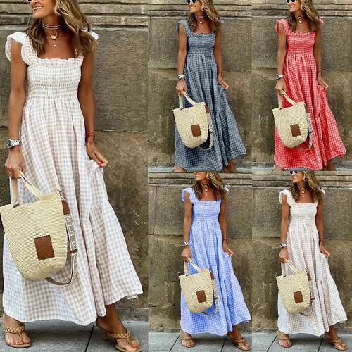 Elegant Plaid Slip Maxi Long Dress Summer Women Strapless Ru