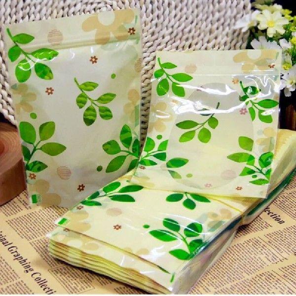 10Pcs Green Leaves Printed Transparent Window Zip