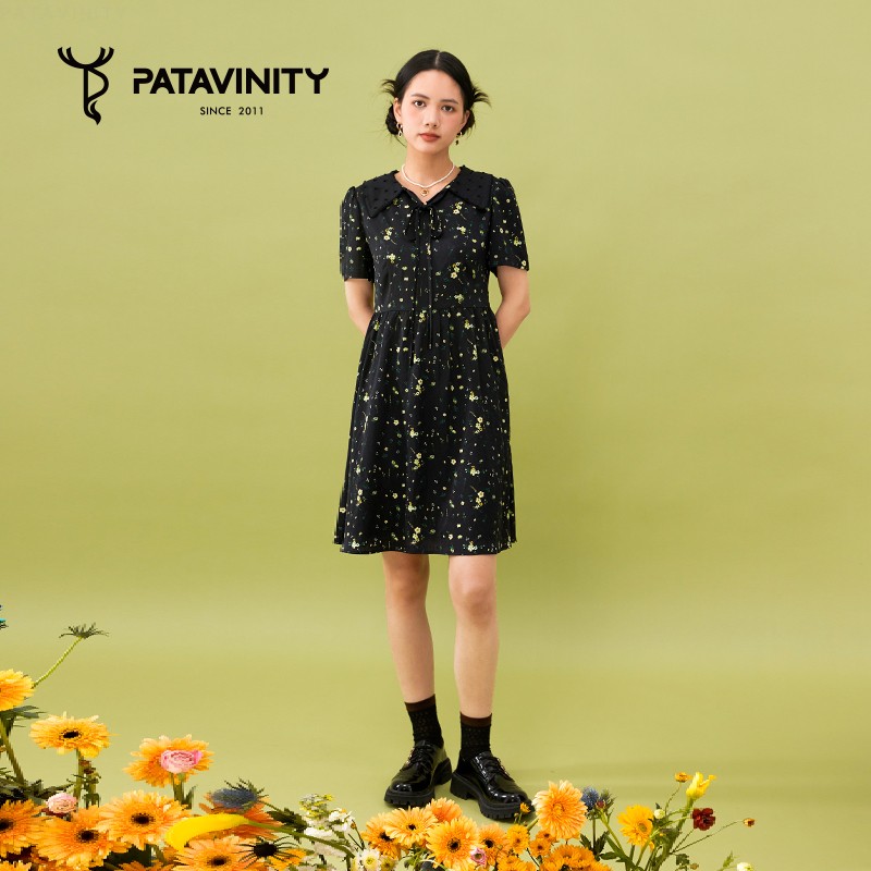 PATAVINITY夏撞色花朵印花短袖连衣裙女装8F3283055