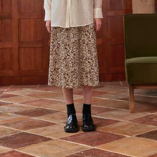 PATAVINITY高腰过膝梭织裙女秋季复古小碎花松紧腰大摆半身裙长裙