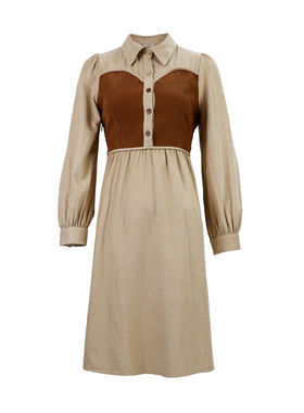 PATAVINITY撞色拼接假两件针织连衣裙女春秋长袖高腰显瘦中长裙子