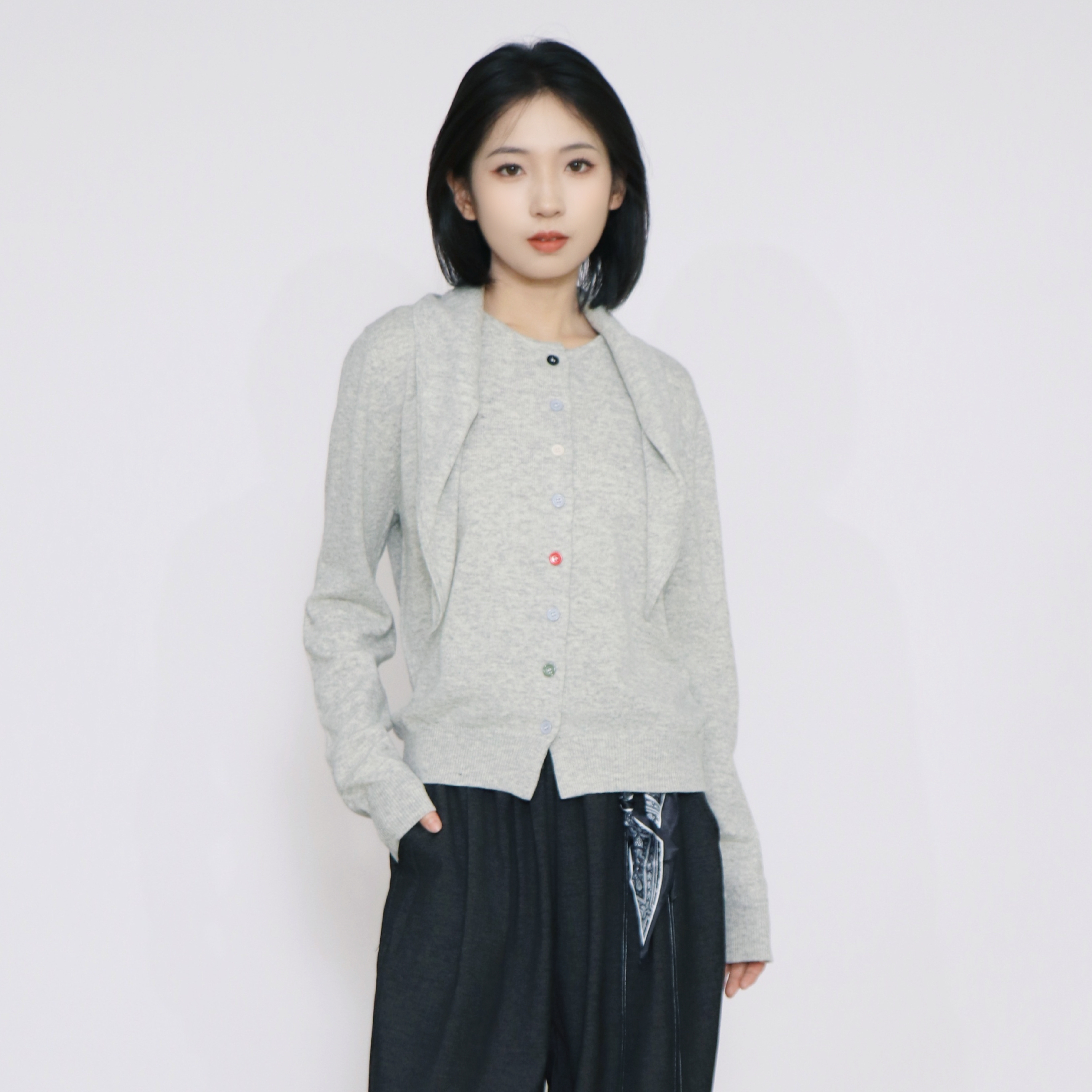 PATAVINITY羊毛兔耳朵头围巾两件套女秋季羊毛混纺针织毛衣开衫