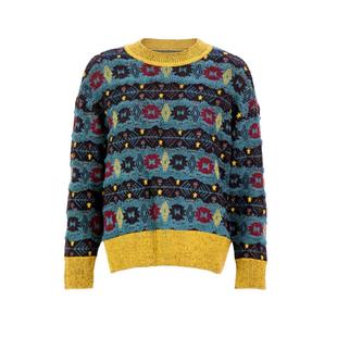 Patavinity撞色图案提花针织套头衫女秋冬复古圆领长袖棉羊毛上衣