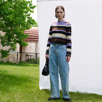 PATAVINITY学院风条纹撞色毛衣羊毛针织衫女春秋复古弹力套头衫