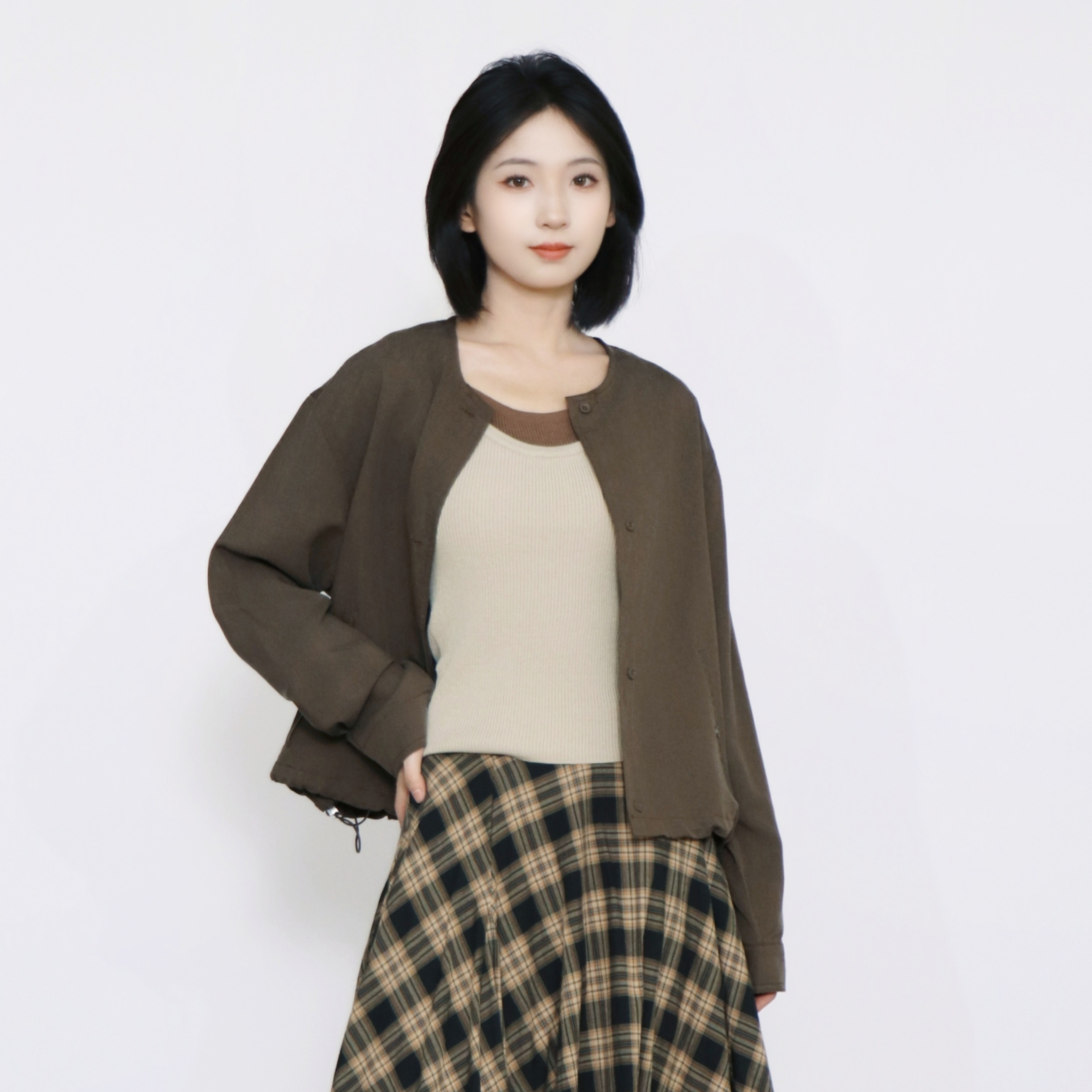 PATAVINITY拼色两件套圆领长袖衬衫女秋季下摆抽绳开衫上衣外套