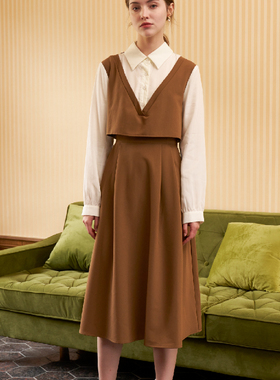 PATAVINITY撞色拼接假两件a字裙女春秋复古文艺减龄学院风连衣裙
