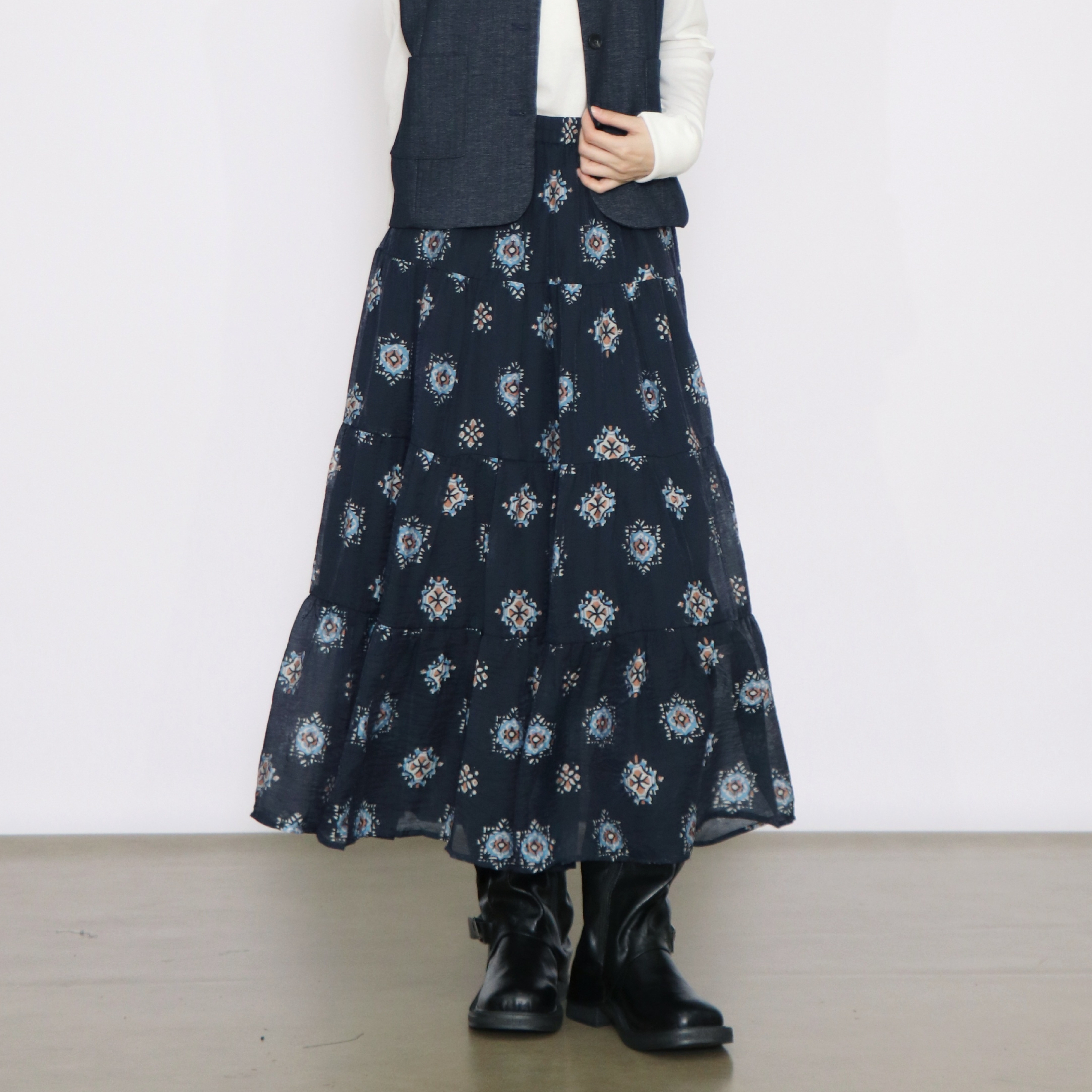 PATAVINITY复古日系文艺田园风印花裙子女秋季A字裙半身中长款裙